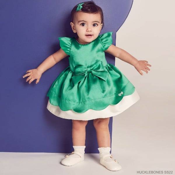 Hucklebones London Baby Girls Emerald Green Satin Bow Party Dress