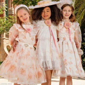 Junona Girls Ivory Satin Pink Floral Organza Puff Sleeve Summer Party Dress
