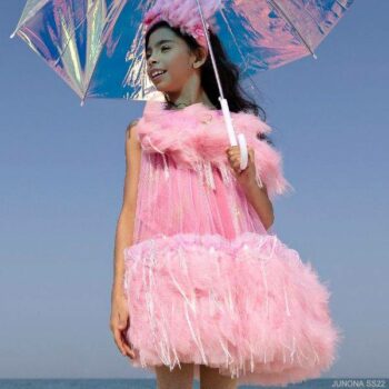 Junona Girls Pale Rose Pink Gold Tulle Feather Summer Party Dress