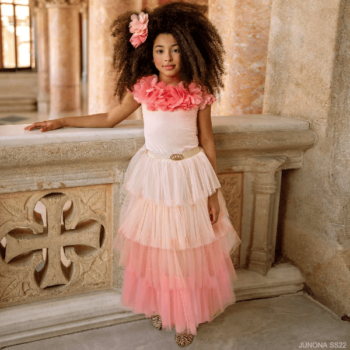 Junona Girls Pink Ombre Long Tiered Tulle Skirt Floral Applique Tshirt