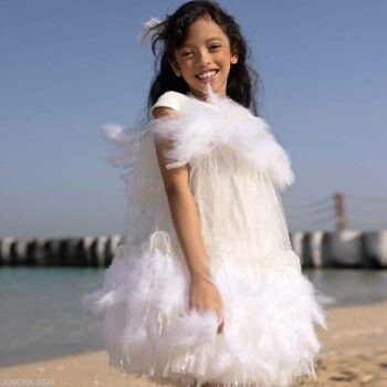 Junona Girls White Pearl Gold Tulle Feather Summer Party Dress