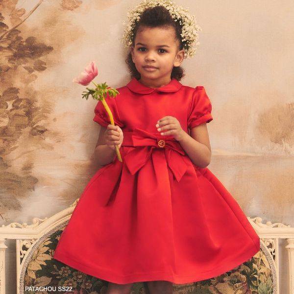 Patachou Girls Red Satin Bow Puff Sleeve Party Dress