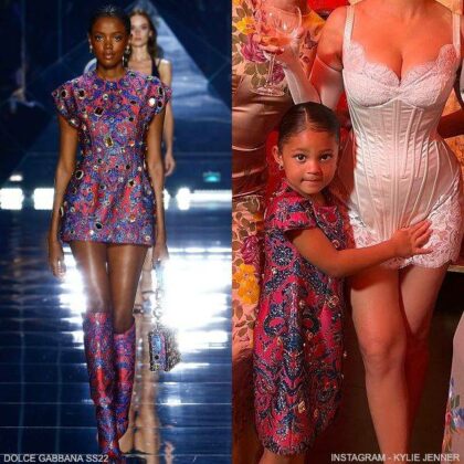 Stormi Webster Mini Me Kylie Jenner Dolce Gabbana Pink Blue Jeweled Runway Dress
