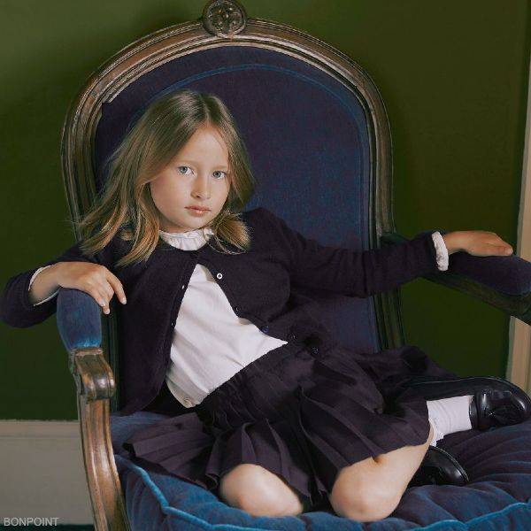 Bonpoint Girls Classic Navy Blue Wool Cardigan Pleated Skirt