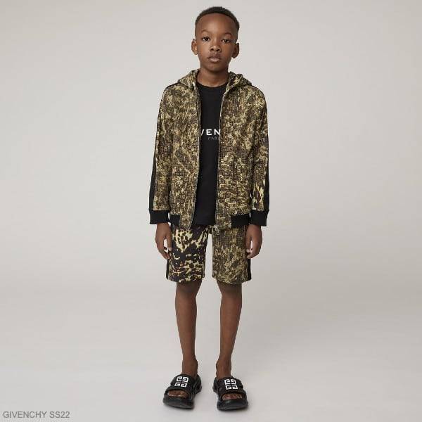 Givenchy Kids Boys Mini Me Green 4G Camo Cheetah Hoodie Zip Up Sweatshirt Shorts