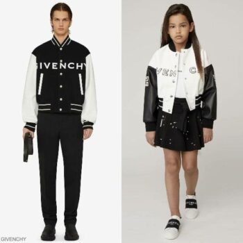 Givenchy Paris Kids Mini Me White Black Logo Faux Leather Bomber Jacket Black Sequin Skirt