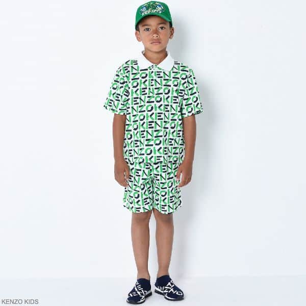 Kenzo Kids Boys White Green Black Sports Logo Polo Shirt Bermuda Shorts Tiger Hat