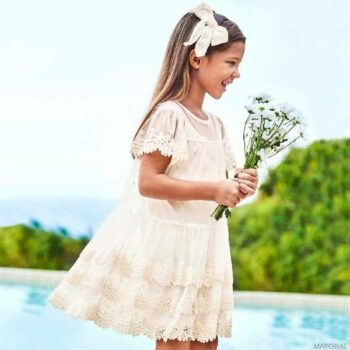 Mayoral Girls Beige Lace Tulle Short Sleeve Summer Party Dress
