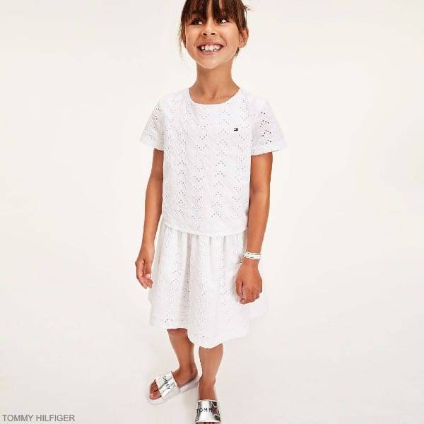 Tommy Hilfiger Kids Girls White Broderie Anglaise Short Sleeve Summer Dress