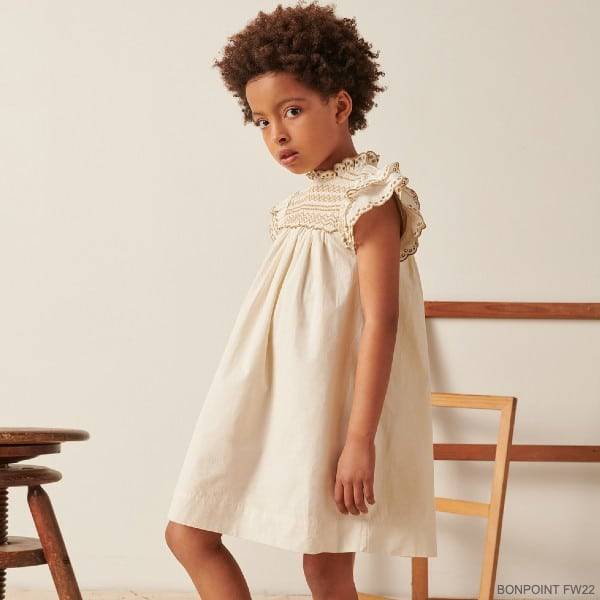 Bonpoint Kids Girls Ivory Smocked Beige Embroidery Short Sleeve Party Dress