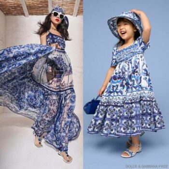 Dolce Gabbana Kids Girls Mini Me White Blue Majolica Long Party Dress