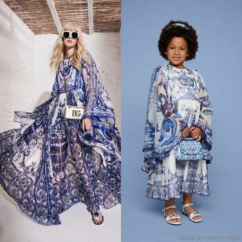 Dolce Gabbana Kids Girls Mini Me White Blue Majolica Silk Special Occasion Dress