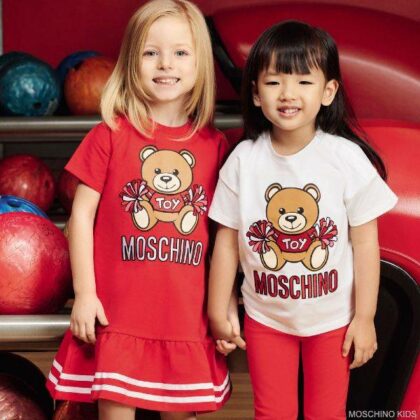 Moschino Kids Girls Red Teddy Bear Cheerleader Pom Pom Logo Dress