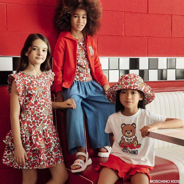 Moschino Kids Girls White Red Strawberry Watermelon Cherry Fruit Logo Dress
