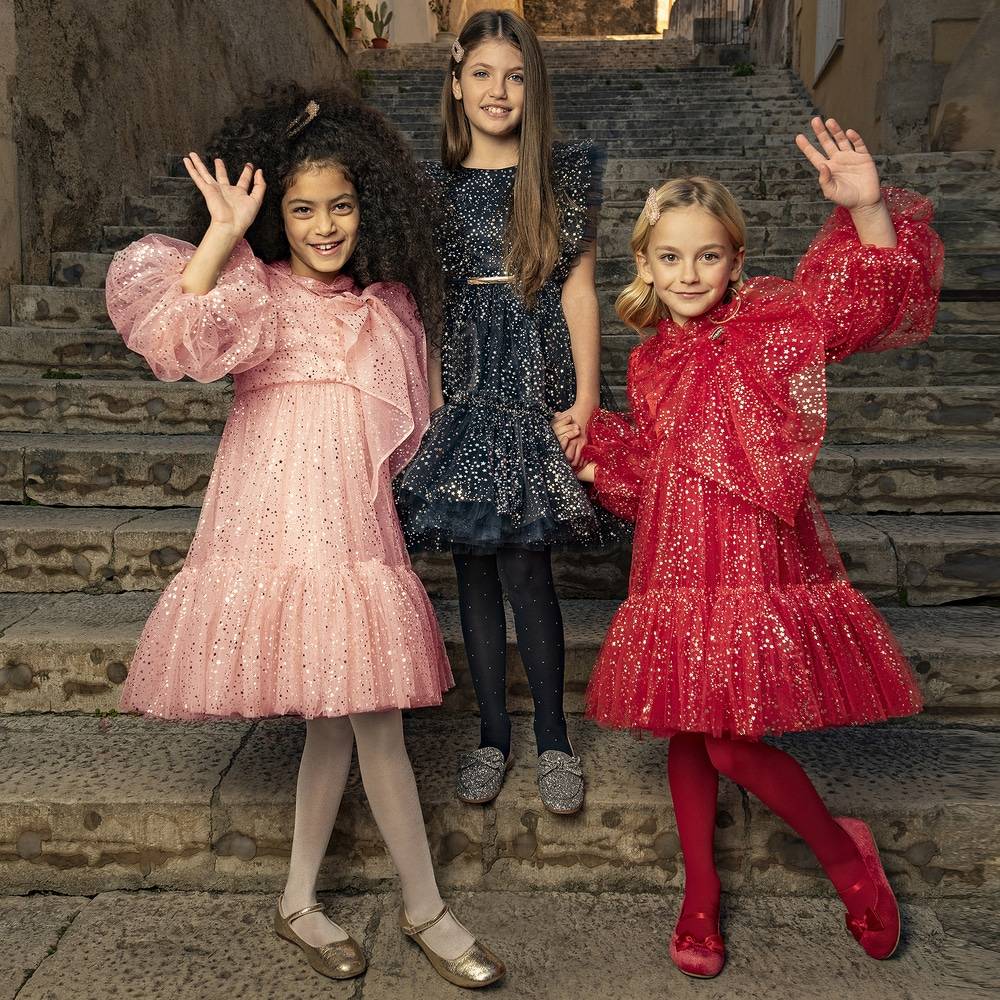 Junona Girls Pink, Red or Black Gold Star Tulle Long Sleeve Party Dresses