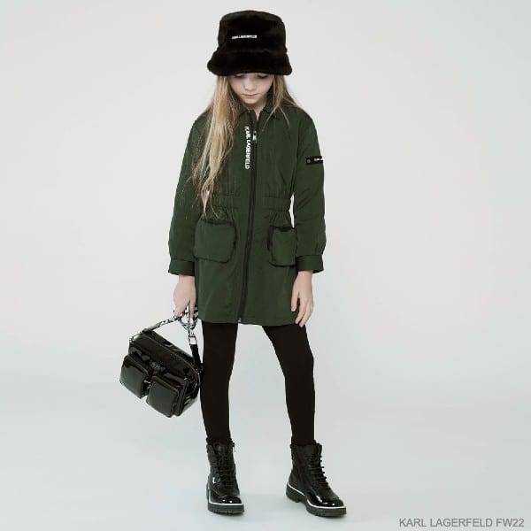 Karl Lagerfeld Kids Girls Khaki Green Army Zip-Up Long Sleeve Dress