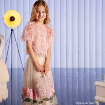 Monnalisa Kids Girls Pink Fringe Cropped Blouse Ivory Rose Tulle Skirt
