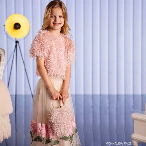 Monnalisa Girls Pink Fringe Cropped Blouse Ivory Rose Tulle Skirt Outfit