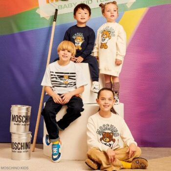 Moschino Kids Boys Ivory Blue Stripe Toy Teddy Bear Shirt Girls Ivory Logo Dress