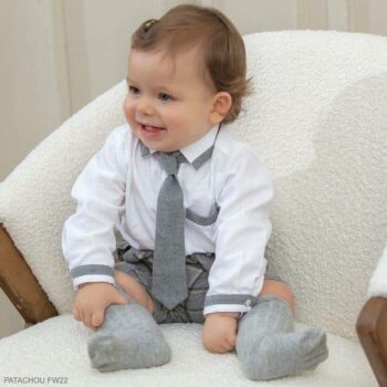 Patachou Baby Boys White Shirt Grey Short Suit Tie Outfit