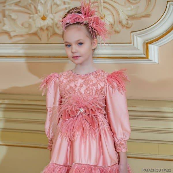 Patachou Girls Pink Satin Feather Lace Bow Party Dress