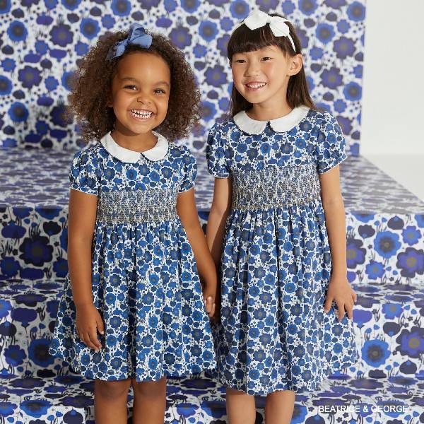 Beatrice George Girls Childrensalon 70th Anniversary Blue White Floral Sybil Print Smocked Dress