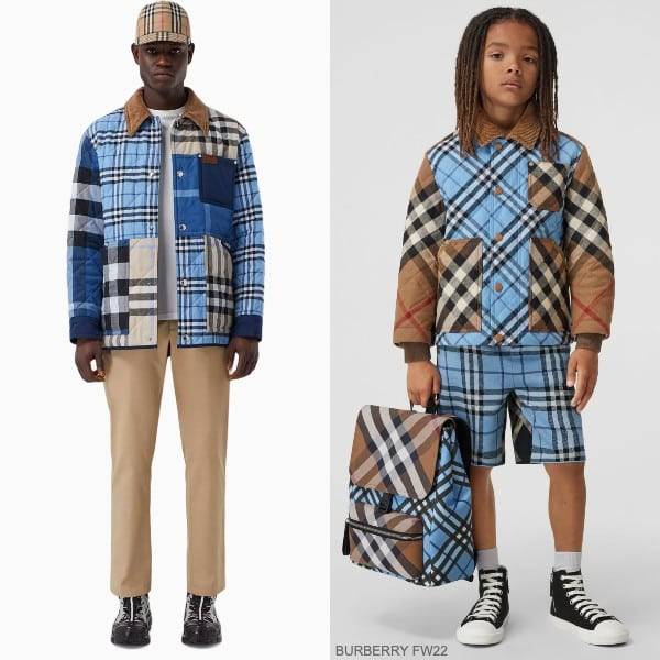 Burberry Kids Boys Mini Me Blue Beige Check Diamond Quilted Flannel Jacket