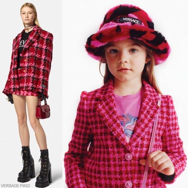 Young Versace Girls Mini Me Pink Check Tweed Blazer Jacket Outfit