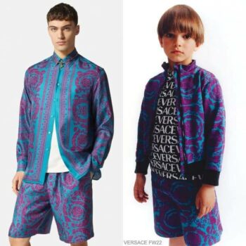 Young Versace Kids Boys Mini Me Turquoise Blue Purple Barocco Silhouette Jacket Shorts Outfit