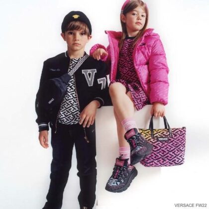 Young Versace Kids Girls Fuchsia Pink Greca Sweater Shorts Boys Black Varsity Jacket