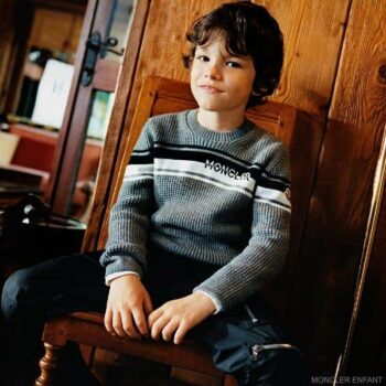 Moncler Enfant Boys Grey Wool Black White Stripe Logo Sweater