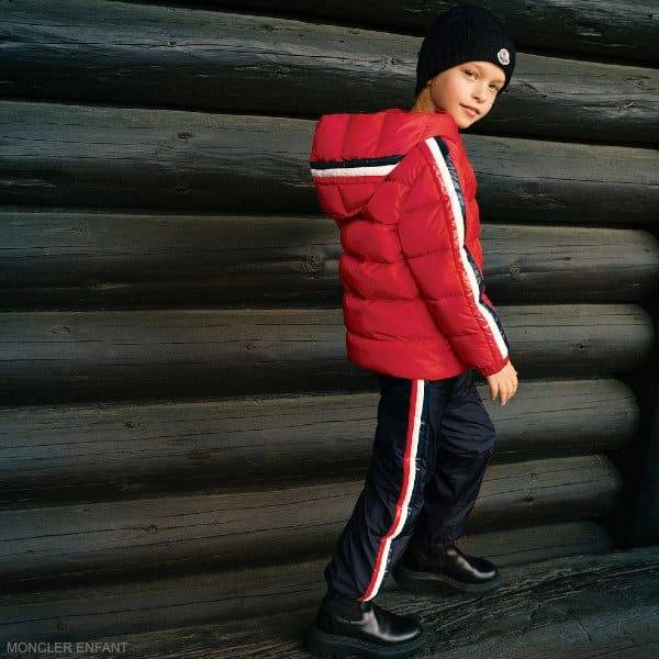 Moncler Enfant Boys Red Stripe Down Puffer Jacket Navy Pants
