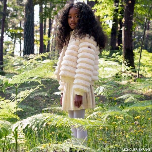 Moncler Enfant Girls Ivory White Faux Fur Down Hooded Jacket
