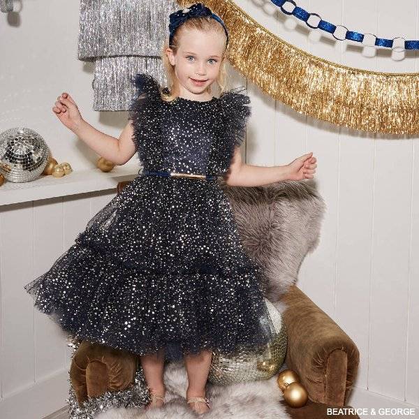 Junona Girls Navy Blue Tulle Gold Star New Years Party Dress
