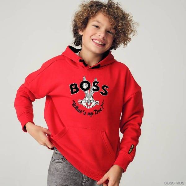 Boss Kids Boys Red Looney Tunes Bunny Logo Hoodie Sweatshirt