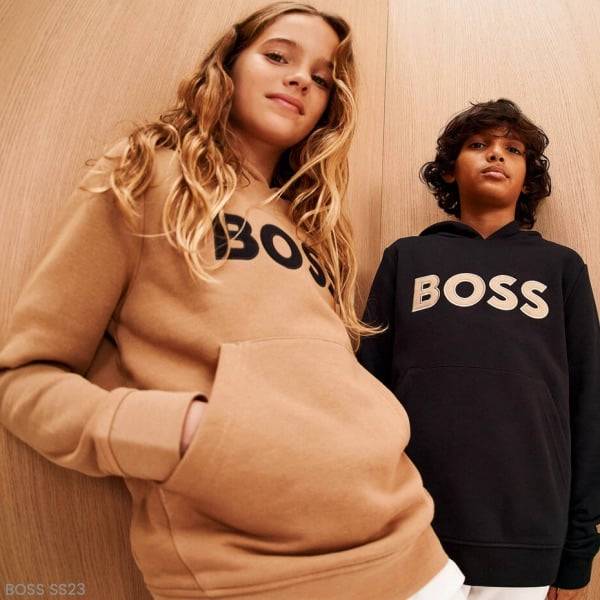 Boss Kids Girls Boys Mini Me Beige Black Logo Hoodie Sweatshirt