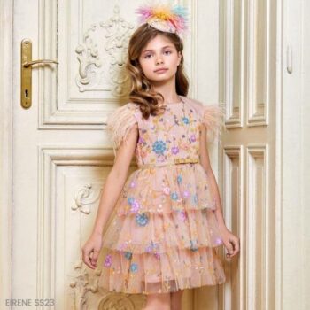 Eirene Girls Pink EID Floral Sequin Bead Tulle Party Dress