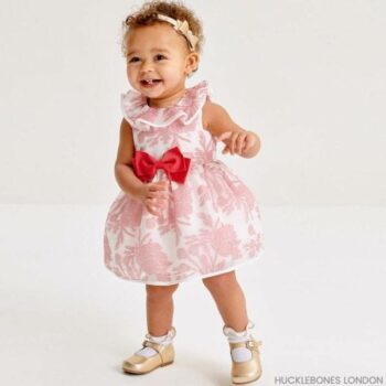 Hucklebones London Baby Girls EID White Party Dress Pink Organza Flowers