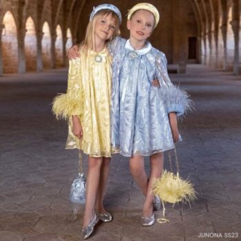Junona Girls Blue Yellow EID Embroidered Feather Party Dress