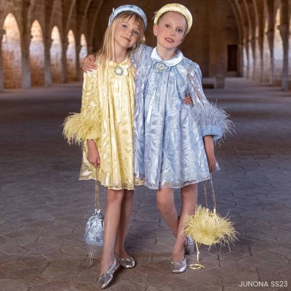 Junona Girls Blue Yellow Embroidered Feather Party Dress