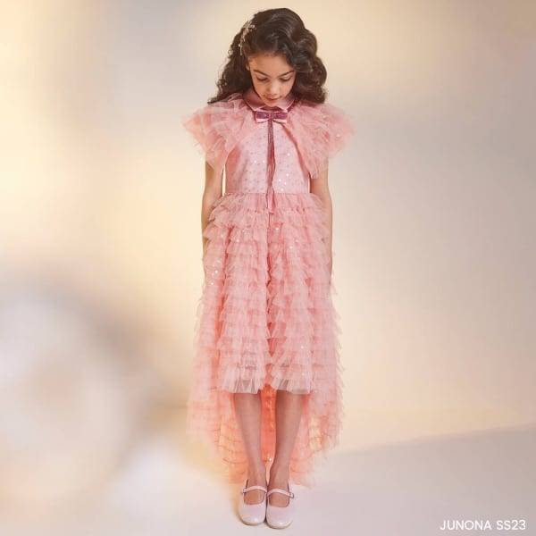 Junona Girls EID Pink Asymmetric Ruffle Tulle Party Dress