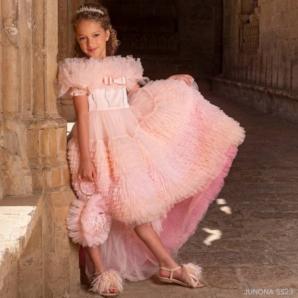 Junona Girls EID Pink Layered Ruffle Tulle Full Length Party Dress