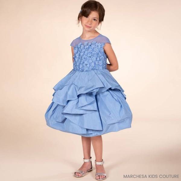 Marchesa Kids Couture Girls EID Blue Taffeta Macrame Flower Party Dress