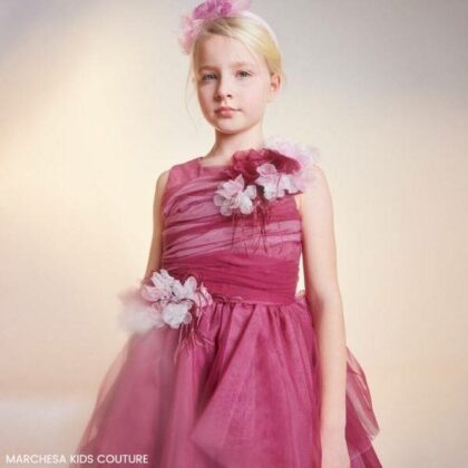 Marchesa Kids Couture Girls EID Dark Pink Tulle Flower Feather Party Dress