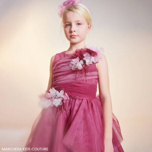 Marchesa Kids Couture Girls EID Dark Pink Tulle Flower Feather Dress