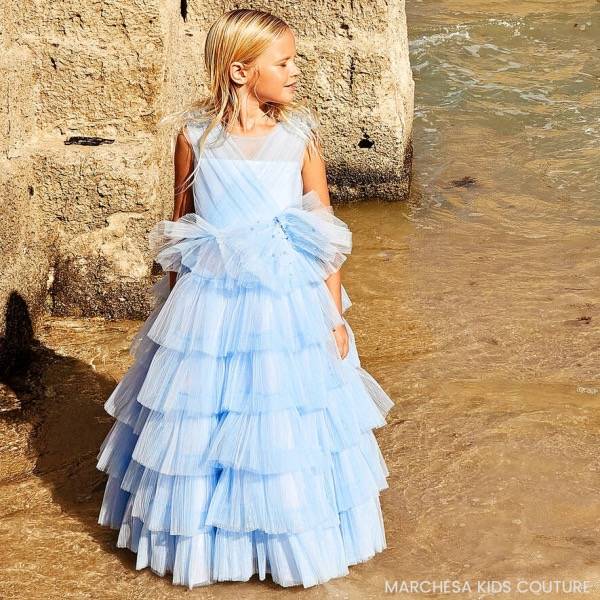 Marchesa Kids Couture Girls Blue Tulle Bow Party Dress