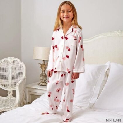 Mini Lunn Girls Valentines White Pink Satin Hearts Pyjamas