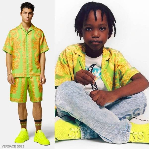 Young Versace Kids Boys Mini Me EID Green Gold Barocco Print Bowling Shirt