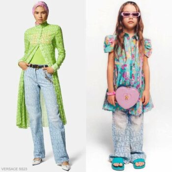 Young Versace Kids Girls Mini Me EID Blue Logo Jeans Green Floral Dress