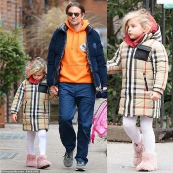 Bradley Lea Cooper Burberry Kids Beige Vintage Check Reversible Down Coat